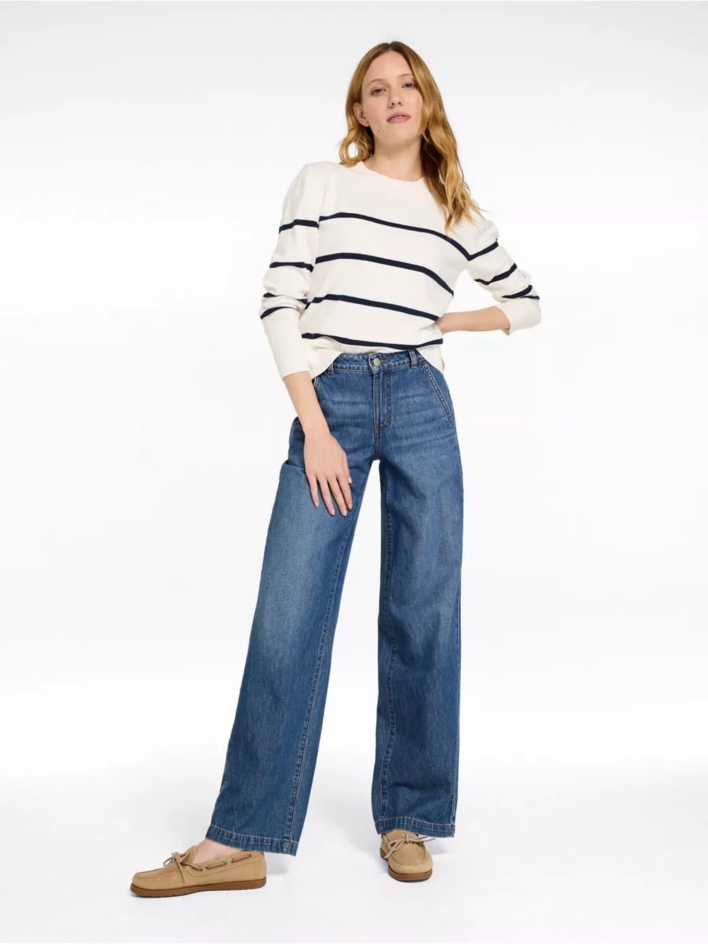 LL Bean Classic Fit 207 Wide Leg High Waisted Jeans in “Faded Indigo”, Size 10